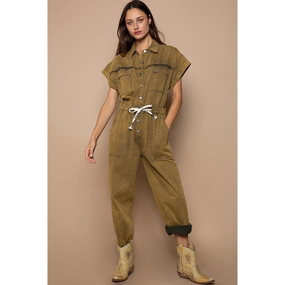 POL Jumpsuit Womens Small Olive Short Sleeve Drawstring Waist Twill All You Need